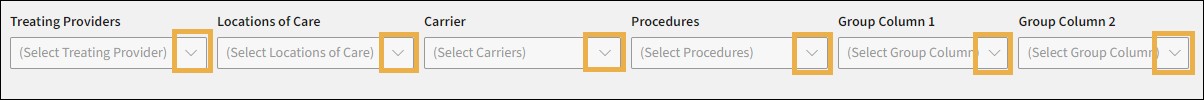 Charge and Payment Details report selection options with yellow highlight boxes around the drop-down menus.